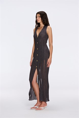 Düğme Detaylı Işıltılı Siyah Triko Uzun Elbise