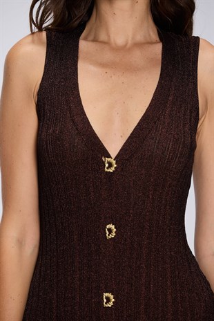 Düğme Detaylı Işıltılı Triko Uzun Elbise