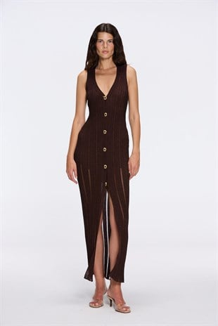 Düğme Detaylı Işıltılı Triko Uzun Elbise