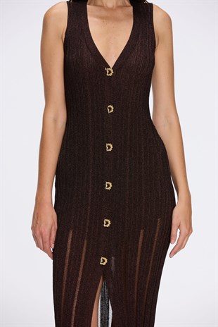 Düğme Detaylı Işıltılı Triko Uzun Elbise