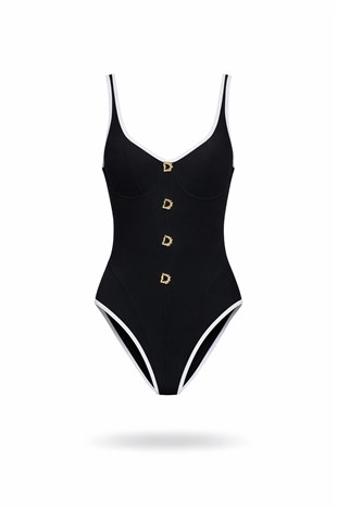 Gold Düğmeli Siyah Mayo