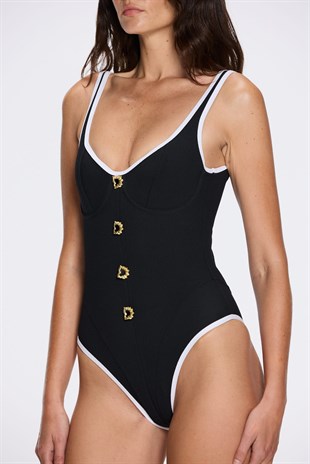 Gold Düğmeli Siyah Mayo