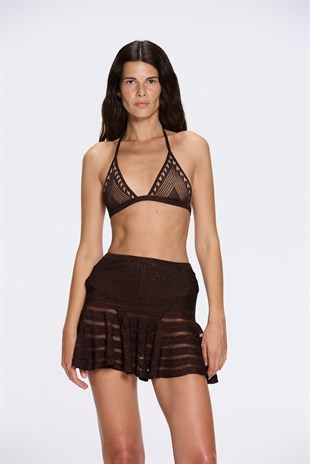 Kahverengi Işıltılı Mini Etek