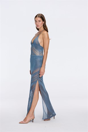 Mavi Işıltılı Uzun Etek