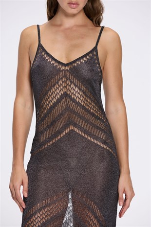 Siyah Işıltılı Uzun Elbise