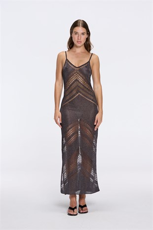 Siyah Işıltılı Uzun Elbise