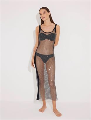 Siyah Taş Detaylı Uzun Elbise