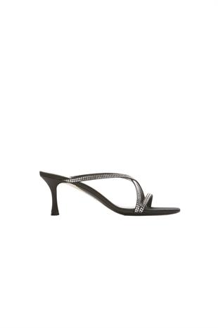 Siyah Kristal Taşlı Topuklu Terlik
