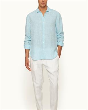 Açık Mavi Keten Uzun Kollu Gömlek