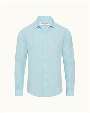 Açık Mavi Keten Uzun Kollu Gömlek