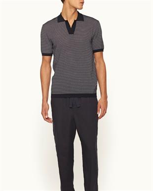 Lacivert Beyaz Çizgili Polo Yaka Triko T-shirt