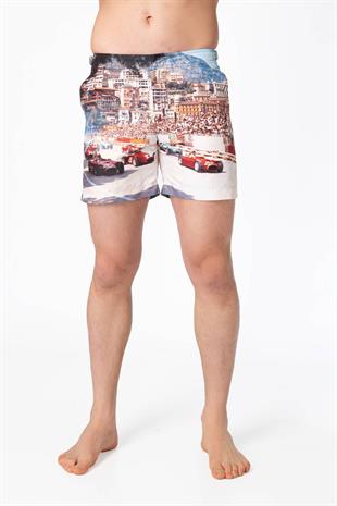 Retro Yarış Baskılı Deniz Şortu