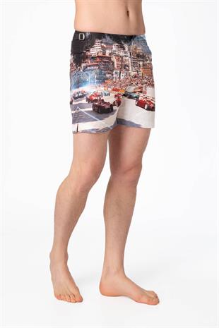 Retro Yarış Baskılı Deniz Şortu