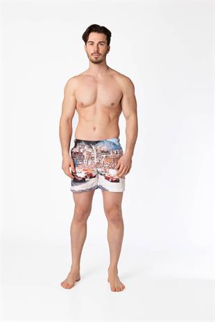 Retro Yarış Baskılı Deniz Şortu