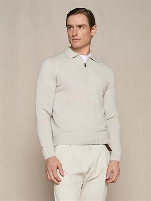 Bej Fermuarlı Yün Karışımlı Triko