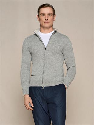 Gri Fermuarlı Yün Karışımlı Hırka