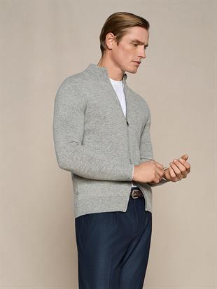 Gri Fermuarlı Yün Karışımlı Hırka