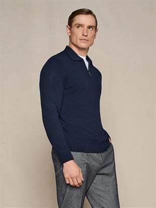 Lacivert Fermuarlı Yün Karışımlı Triko