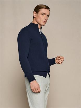 Lacivert Fermuarlı Yün Karışımlı Hırka