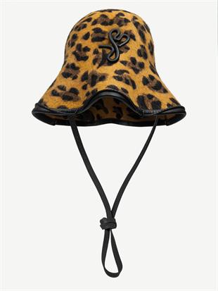 Leopar Desenli Deri Bağcıklı Şapka