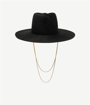 Siyah Geniş Kenarlı Zincir Detaylı Fötr Şapka