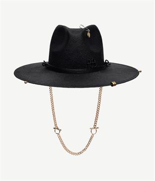 Zincir Askılı Hasır Fedora Şapka