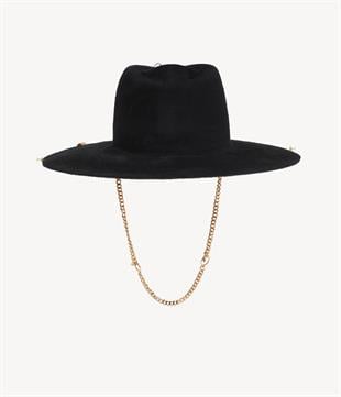 Zincir Detaylı Siyah Fedora Şapka