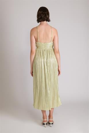 Boyundan Bağlamalı Piliseli Metalik Uzun Elbise