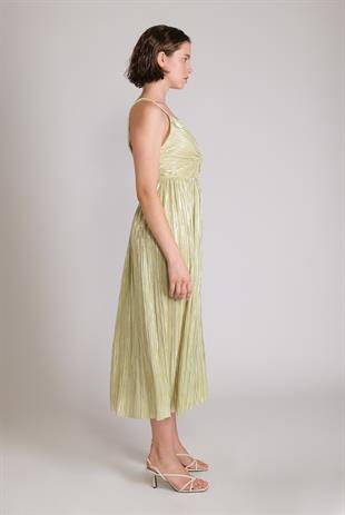 Boyundan Bağlamalı Piliseli Metalik Uzun Elbise