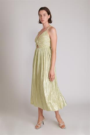 Boyundan Bağlamalı Piliseli Metalik Uzun Elbise