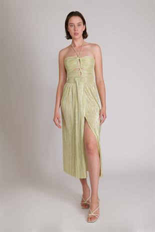 Önden Yırtmaçlı Metalize Midi Etek