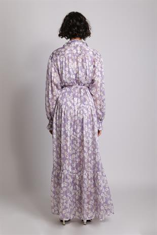 V Yaka Piliseli Metalik Uzun Elbise