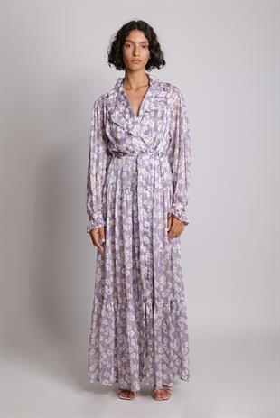 V Yaka Piliseli Metalik Uzun Elbise