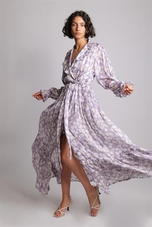 V Yaka Piliseli Metalik Uzun Elbise