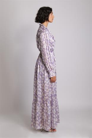 V Yaka Piliseli Metalik Uzun Elbise