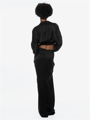 Güpür Geçişli Siyah Crop Gömlek