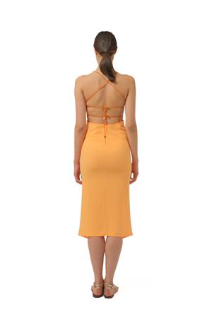 Örgü Üst Detaylı Turuncu Midi Elbise