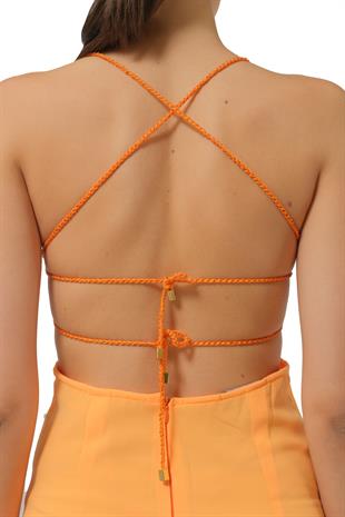 Örgü Üst Detaylı Turuncu Midi Elbise