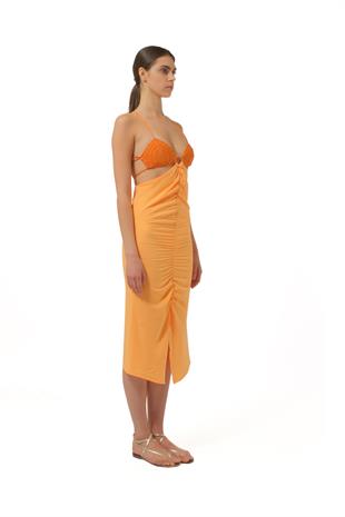 Örgü Üst Detaylı Turuncu Midi Elbise