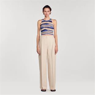 Bej Çizgili Geniş Kesim Pantolon