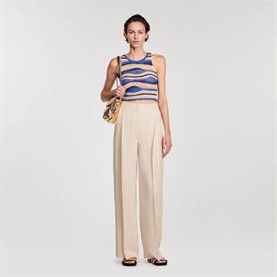 Bej Çizgili Geniş Kesim Pantolon