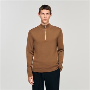 Bej Fermuarlı Triko Kazak