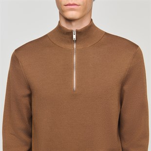 Bej Fermuarlı Triko Kazak