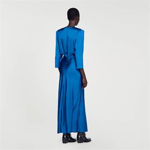 Bel Detaylı Mavi Saten Elbise