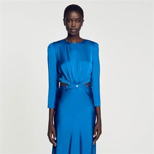 Bel Detaylı Mavi Saten Elbise