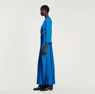 Bel Detaylı Mavi Saten Elbise