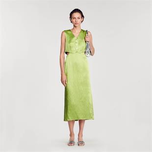 Bel Detaylı Yeşil Saten Elbise