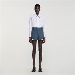 Beyaz Geçişli Kumaş Şort