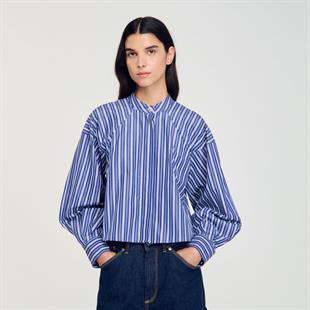 Boğazlı Yaka Çizgili Crop Gömlek