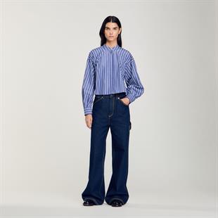 Boğazlı Yaka Çizgili Crop Gömlek